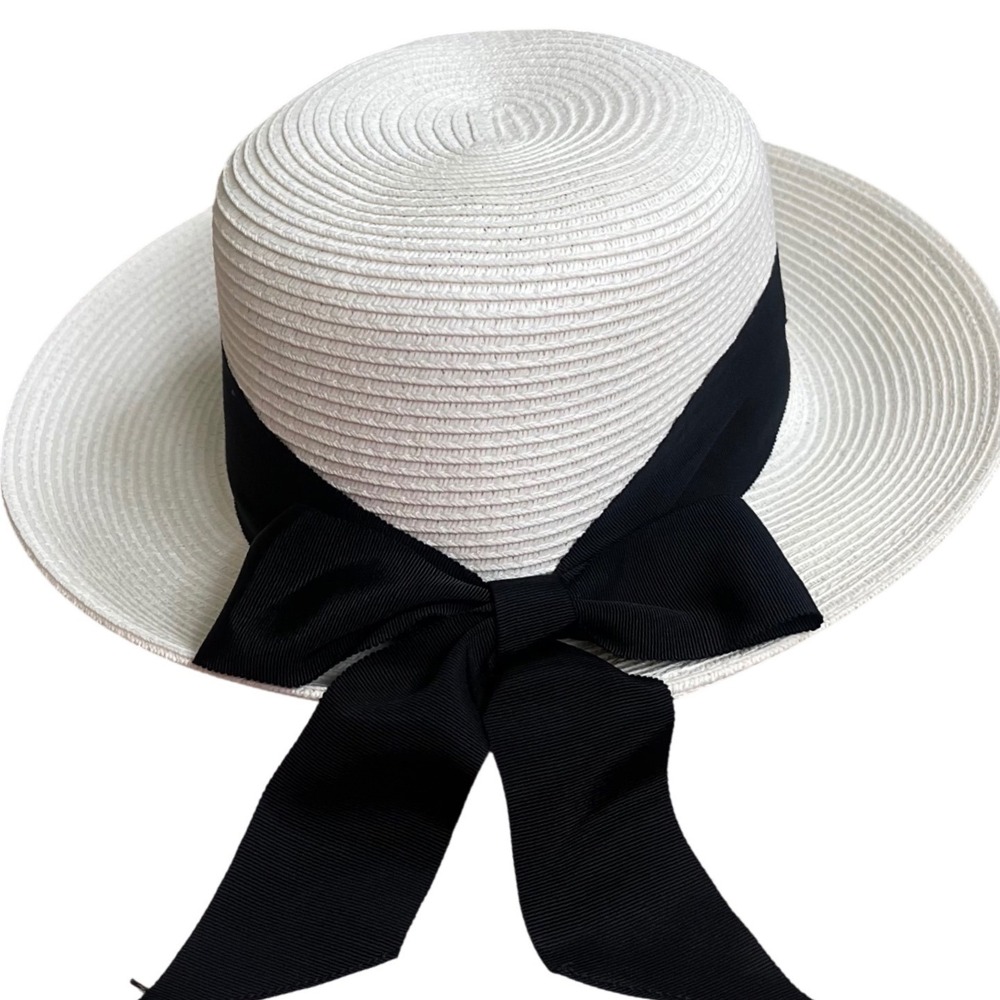 Scala White Packable Boater Sun Hat Black Grosgrain Bow upf 50 nwt beach hat